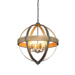 26-1/4" Round Metal & Wood Pendant Lamp, 6 Lights (Pick Up Only)