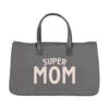 "SUPER MOM" Gray & Genuine Leather Tote Bag