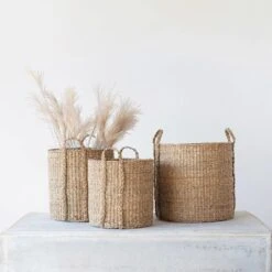 Hand-Woven Seagrass Baskets With Handles, Natural, 3 Size Options