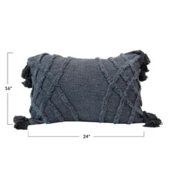 Stonewashed Cotton Blend Slub Pillow With Tufted Pattern & Tassels, Blue -Home Decor Shop df4563 5