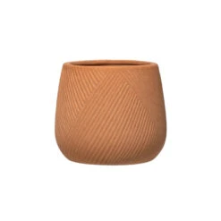 Stoneware Planter With Engraved Lines, Terra-cotta, 5" Dia