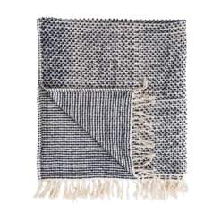 Woven Cotton Throw With Fringe, Navy & Cream Color