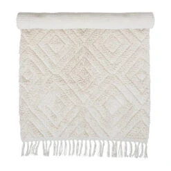Cotton Tufted Rug With Diamond Pattern & Fringe, Cream (Pick Up Only)