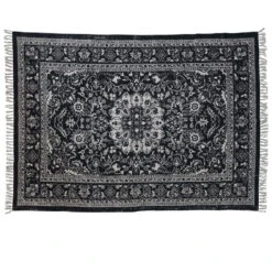 Woven Cotton Distressed Print Dhurrie Rug With Fringe, Black & White (Pick Up Only)
