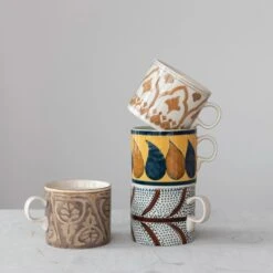 Hand-Painted Stoneware Mug With Pattern, Multi Color, 4 Style Options