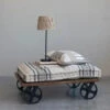 Vintage Reproduction Factory Cart Ottoman/Table On Metal Wheels & Linen Upholstered Cushion With Stripes, Black & Natural (Special Order Available - Pick Up Only)