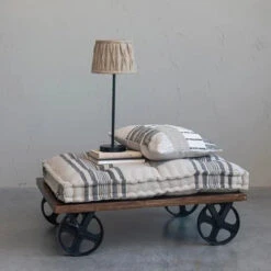 Vintage Reproduction Factory Cart Ottoman/Table On Metal Wheels & Linen Upholstered Cushion With Stripes, Black & Natural (Special Order Available - Pick Up Only)