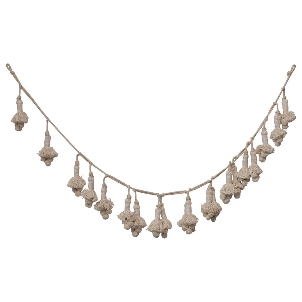 Hand-Woven Cotton Tassel Garland, Cream, 72” 2 Hand-Woven Cotton Tassel Garland, Cream, 72” - Image 2