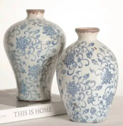 Vintage Look Blue Floral Vase, 2 Style Options