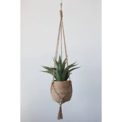 Straw Planter Pot With 33"H Jute Tasseled Hanger