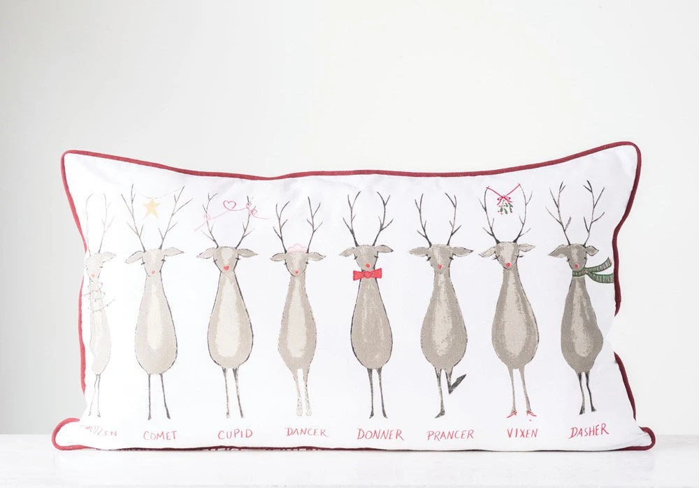 Cotton Pillow With Santa's Reindeer, Reindeer Names & Red Piping 2 Cotton Pillow With Santa's Reindeer, Reindeer Names & Red Piping - Image 2