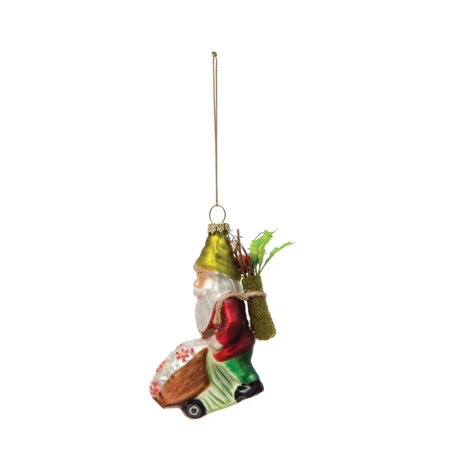 Hand-Painted Glass Santa Gnome Ornament With Wheelbarrow 1 Hand-Painted Glass Santa Gnome Ornament With Wheelbarrow