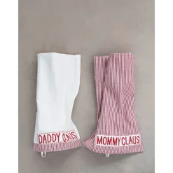 "Mommy Claus / Daddy Claus" Embroidery & Stripes Kitchen Towel, White & Red, 2 Style Options