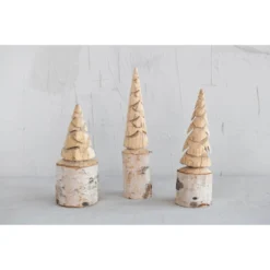 Hand-Carved Birch Wood Tree With Wood Base, 3 Size Options