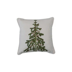 Christmas Tree Printed Pillow With Embroidery & Piping, White & Green